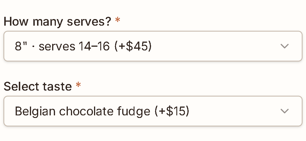 Actual customer fields: 8-inch cake serving 14–16, with Belgian chocolate fudge selected.