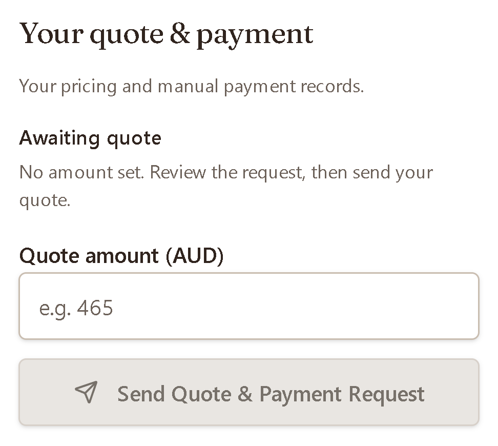 Actual quote editor: the baker sets a quote amount in AUD after reviewing the request.