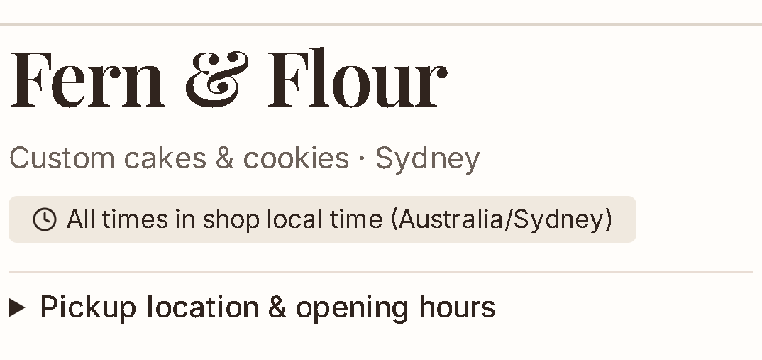 Fern & Flour’s name, shop details and pickup information inside the actual customer order page.